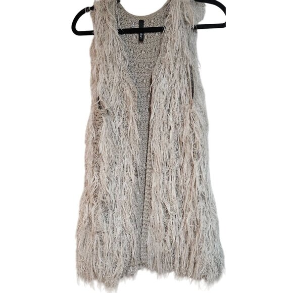 Boho Unique Elan Women's Shaggy Knit Vest Cardigan  S Beige Open Front Lightweig - Picture 1 of 11